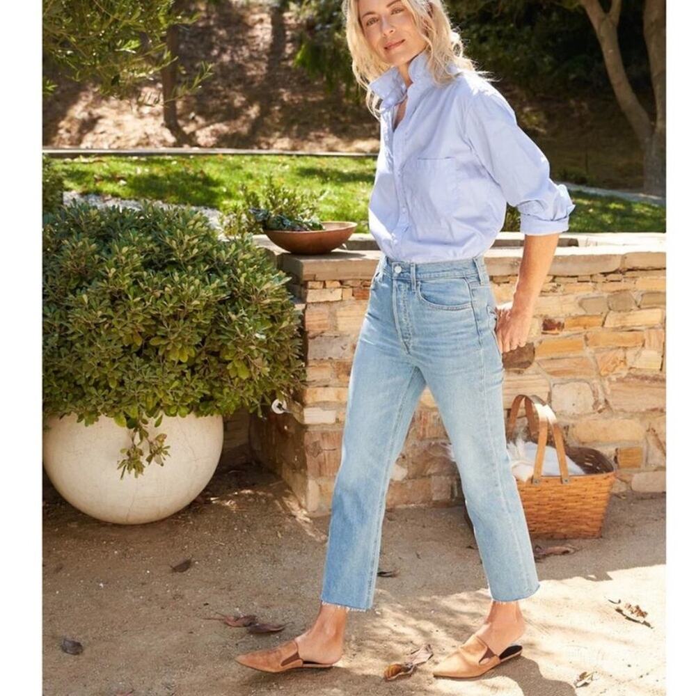 Frank & Eileen Monaghan High Waist Straight Leg Raw Hem Mom Blue Jeans 30